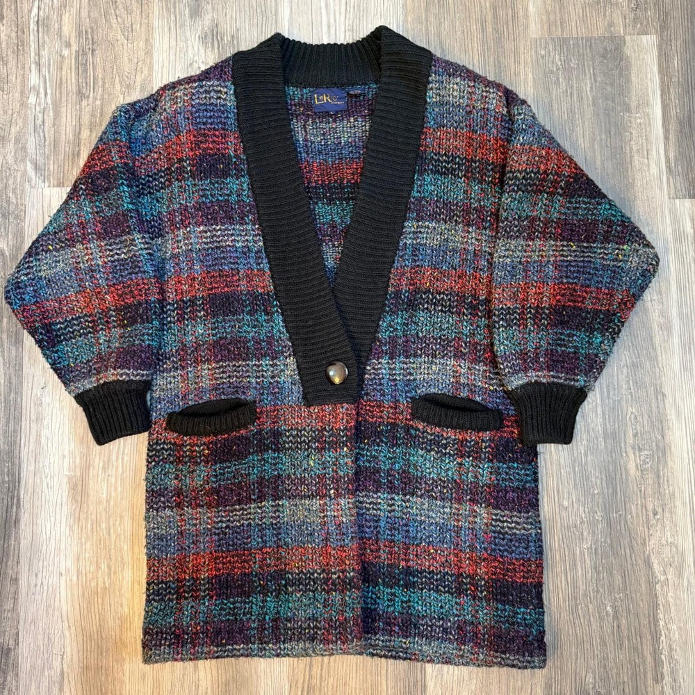 Vintage LeRoy Knitwear Cozy Plaid Button Cardigan Sweater Coat Women's Size L‎